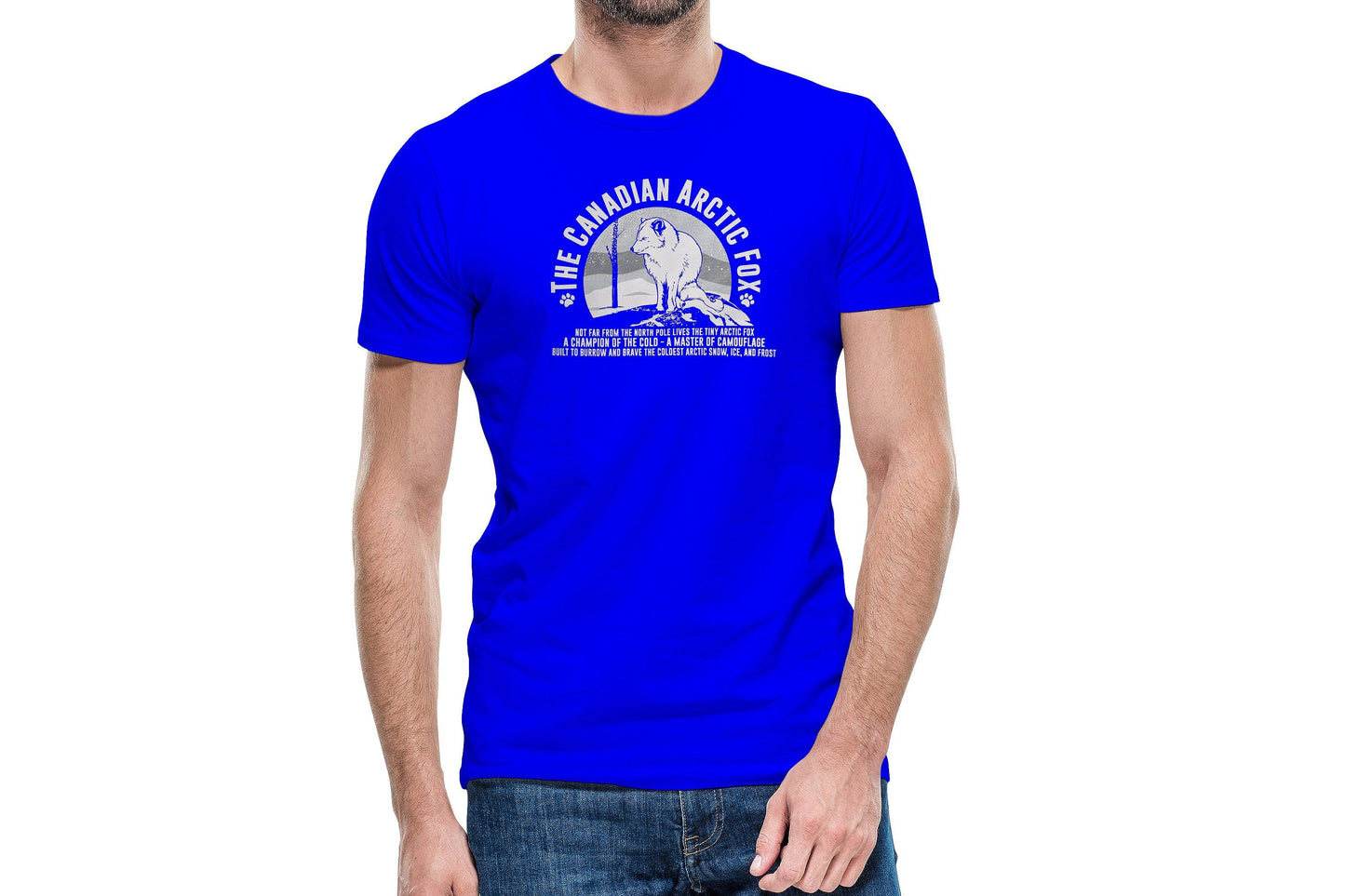 This is a blue tee depicting the Canadian arctic fox. It has an artist's rendering of the animal followed by facts about it.
