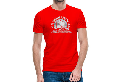 Red crew neck t-shirt with arctic fox design printed in grayscale and titled the Canadian arctic fox.